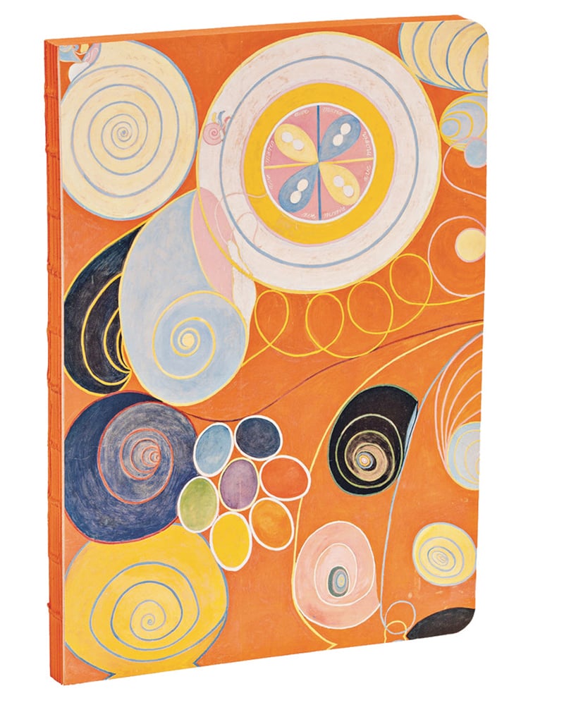 Bright orange cover with abstract fruit and shell like shapes in pastel tones and black by Swedish Artist Hilma Klint