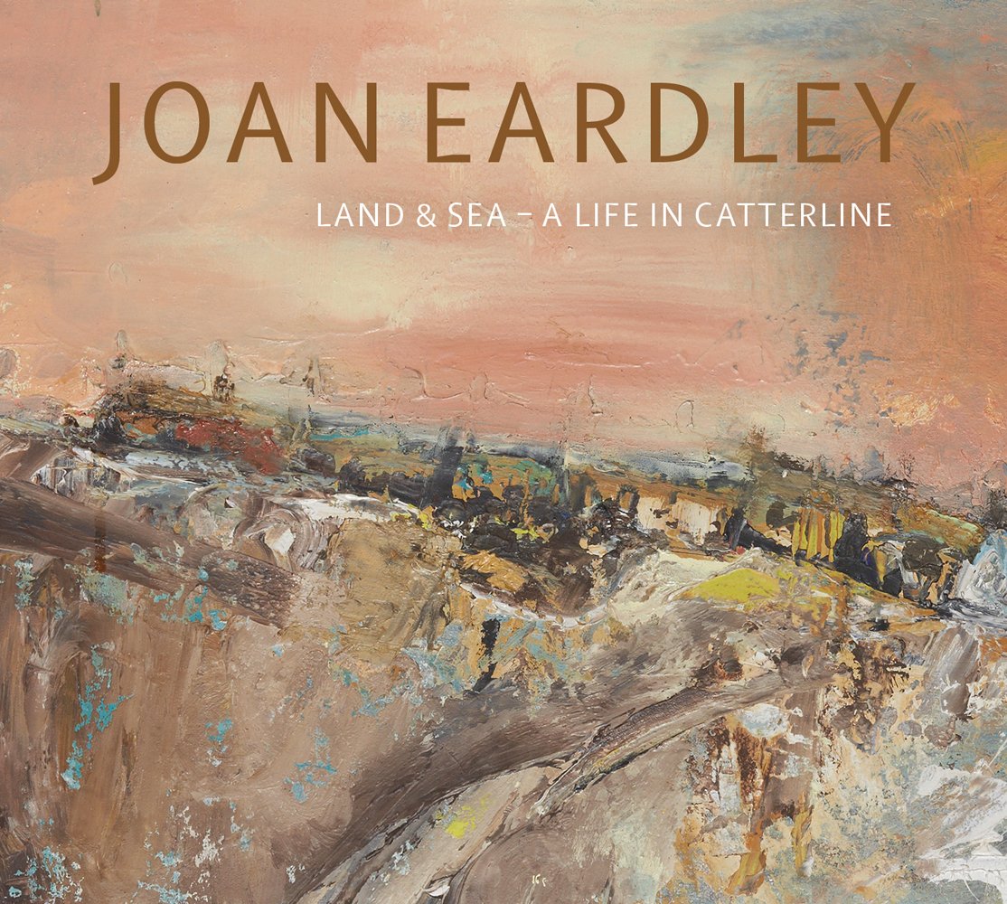 Abstract landscape painting with orange sky and Joan Eardley in gold font above