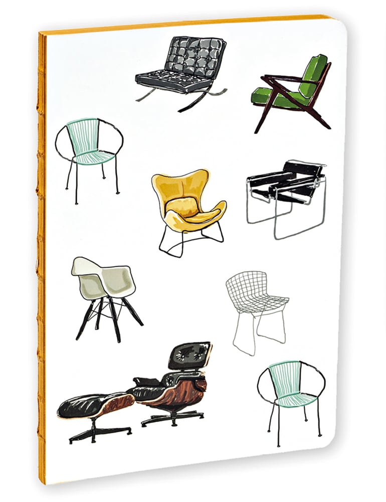 Selection of unique chair designs on white cover of teNeues A5 notebook.