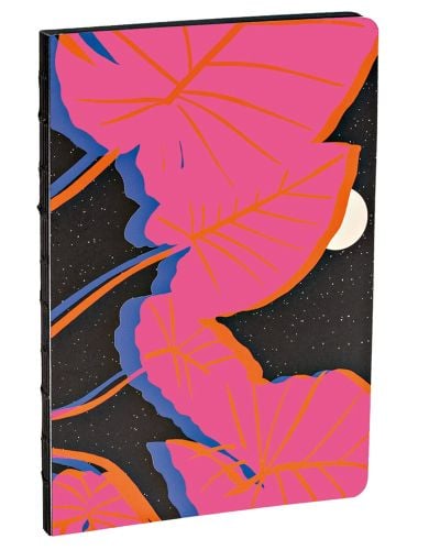 Bold pink tropical leaves on black, moonlit cover of teNeues A5 notebook.