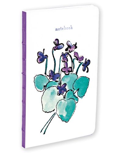 White cover with delicate watercolour illustration of a purple posy with green heart shaped foliage and notebook in faded font above