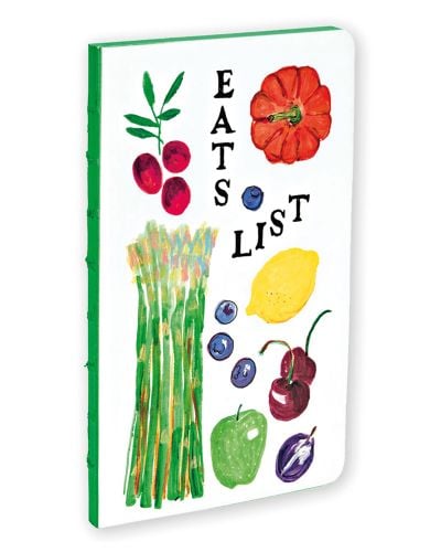 White cover with bold painterly illustrations of asparagus, lemon, tomato, cherries, blueberries, apple and a plum