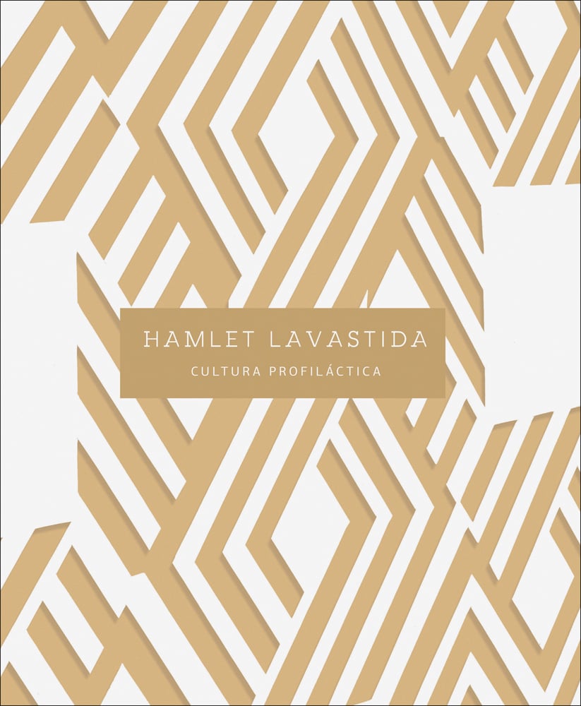 White and beige geometric diamond pattern cover with Hamlet Lavastida Cultura Profiláctica in fine white font on beige central banner