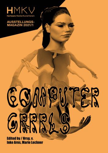 Pale orange book cover of Computer Grrls, HMKV Ausstellungsmagazin 2021/01, with digital image of female with black eyes. Published by Verlag Kettler.