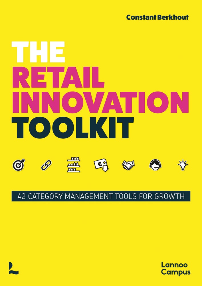 Bright yellow cover with The Retail Innovation Toolkit in white pink and black font by Lannoo Publishers