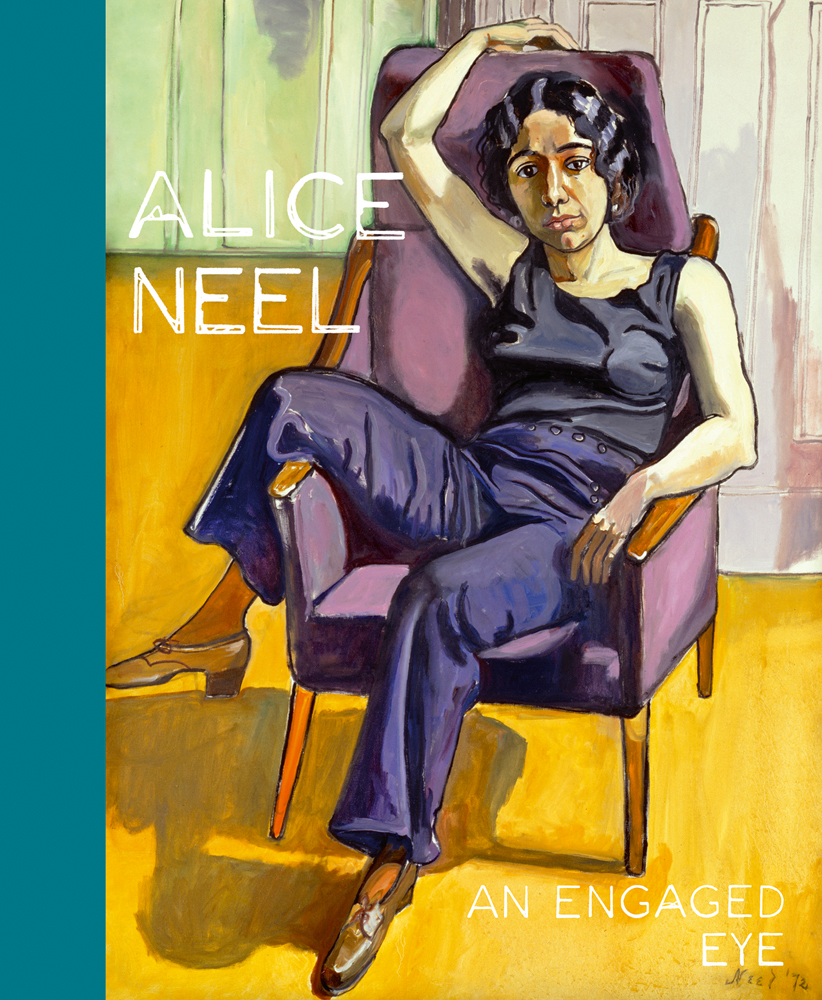 Painting 'Marxist Girl (Irene Peslikis)', 1972, sitting in purple chair, staring at viewer, on cover of 'Alice Neel', by ACC Art Books.