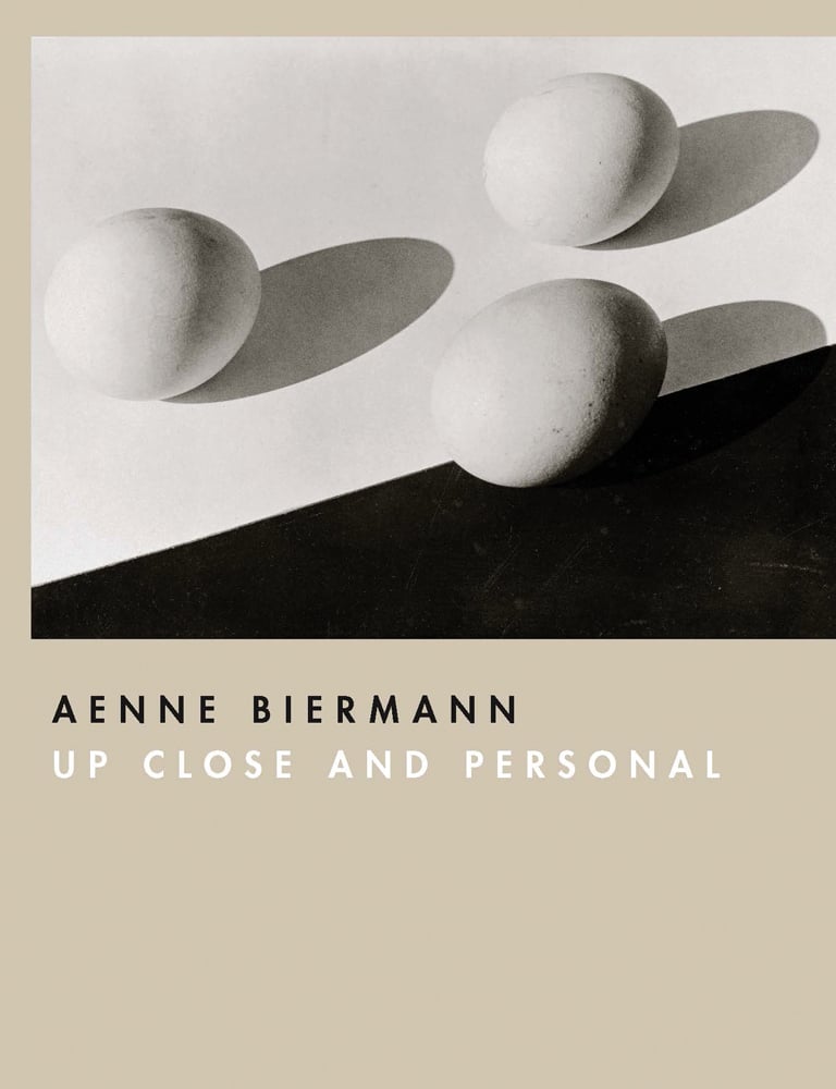 Book cover of Aenne Biermann Up Close and Personal, with three egg shapes with shadows. Published by Scheidegger & Spiess.