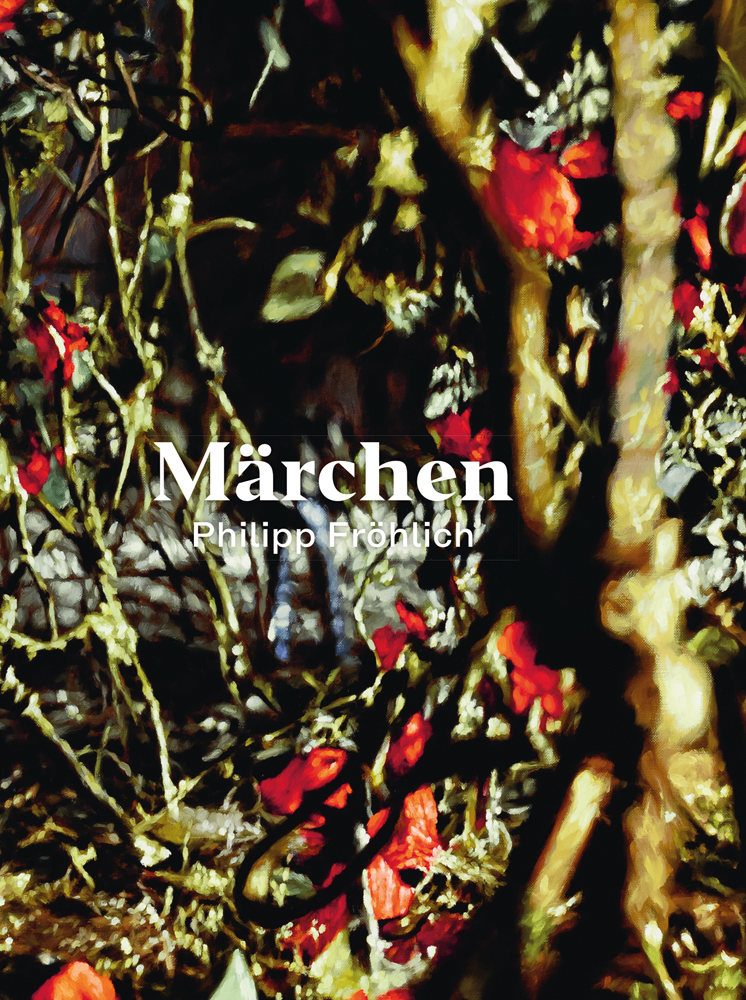 Close up painting of red rose shrubbery branch and stems with Märchen Philipp Froehlich in white font in centre