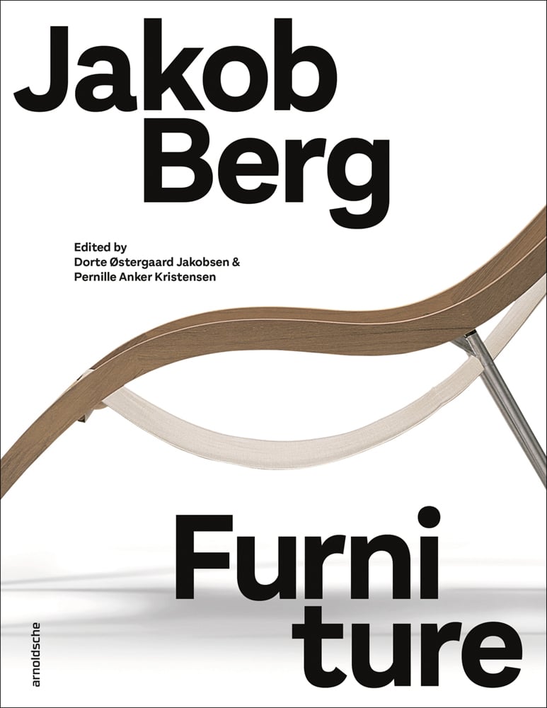 White cover with side profile of modern minimalist chair of light wood and fabric with Jakob Berg: Furniture in black font