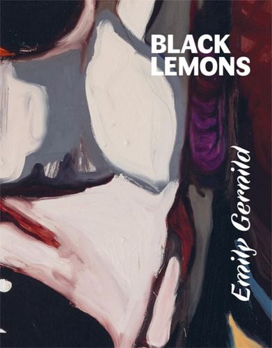 Close up of painting of white, dark blue, purple, and red colours with BLACK LEMONS Emily Gernild in white font