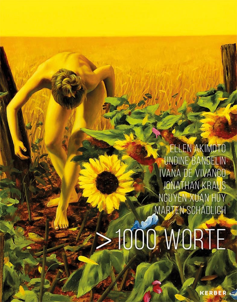Painting of nude female bent over walking out from golden field of corn with sunflowers to right and >1000 worte in white font