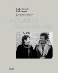 Photo of Carla Accardi Dadamaino laughing to one another, on pale green cover with Carla Accardi Dadamaino: Between signs and transparency in black font above