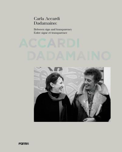 Two women smiling at each other, on grey cover of 'Carla Accardi Dadamaino: Between signs and transparency', by Forma Edizioni.
