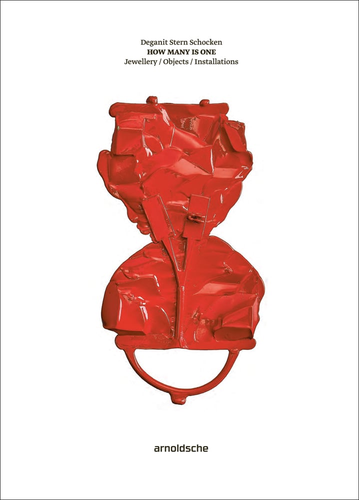 Red crushed metal sculpture, on white cover of 'Deganit Stern Schocken: How Many Is One, Jewellery / Objects / Installations', by Arnoldsche Art Publishers.