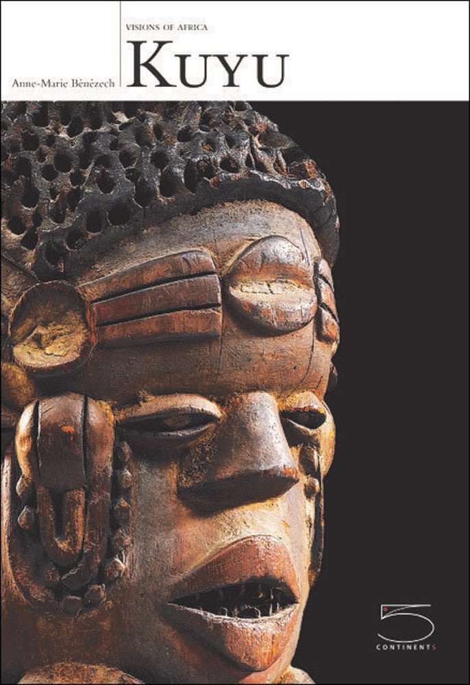 Black cover with carved wooden head and Visions of Africa Kuyu in black font on white banner above