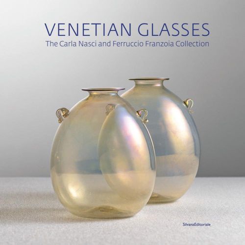 Two delicate transparent glass blown Venetian rounded vases with small handles and Venetian Glassworks in blue font above