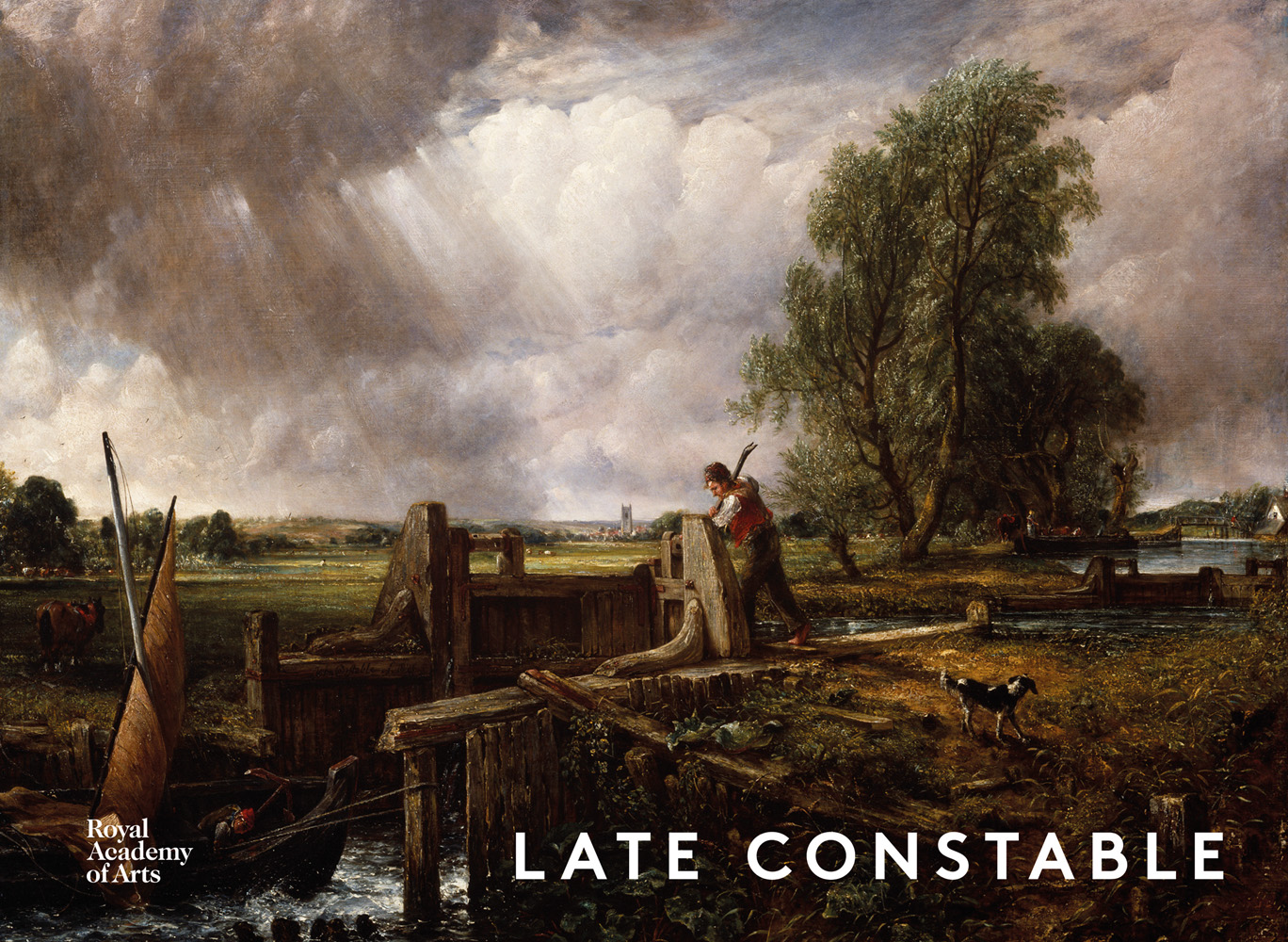 Landscape painting of The Lock by John Constable with Late Constable in white font in lower right corner