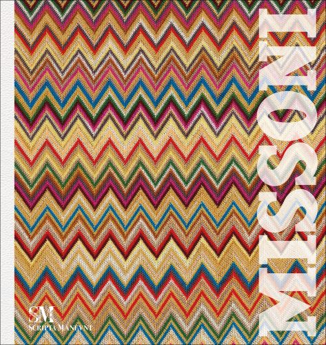 Multicoloured chevron fabric pattern cover with Missoni in white transparent font down right edge