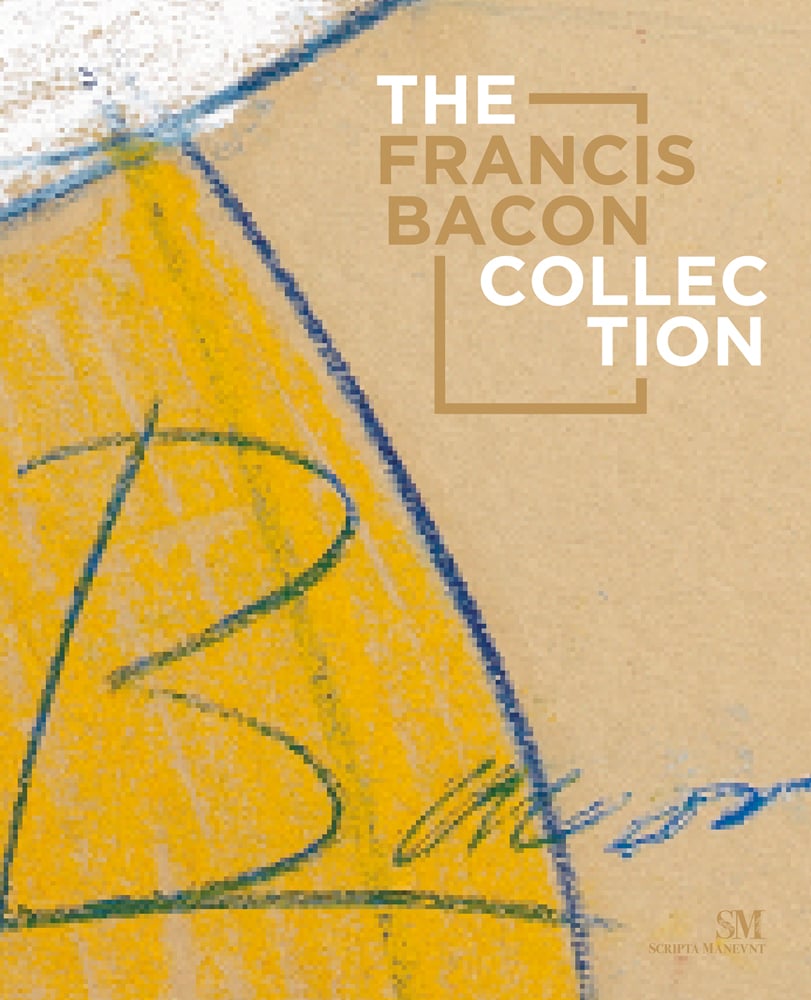 Section of pastel drawing by Francis Bacon in yellow, blue and white with The Francis Bacon Collection in light brown and white font above