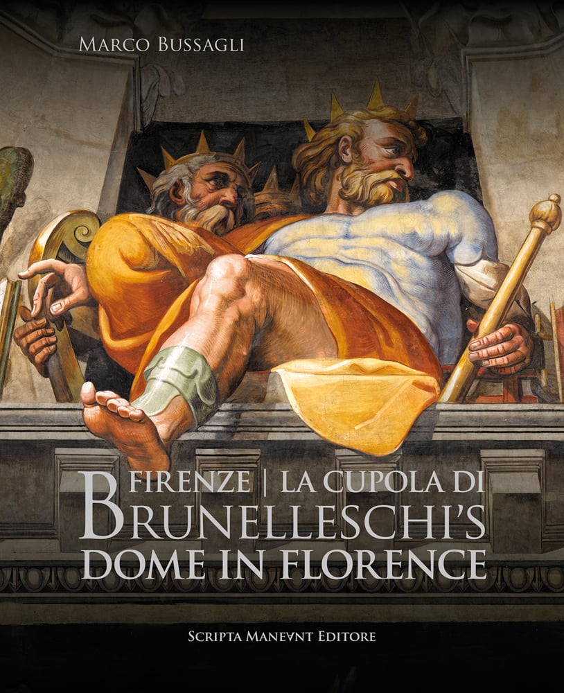 Fresco painting of 2 males in gold crowns and robes with one straddled over balcony and Brunelleschi’s Dome in Florence in pale grey font below