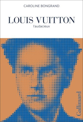 Blurred mosaic digital image in blue and pale orange of head of male with Louis Vuitton in dark blue font on white banner above