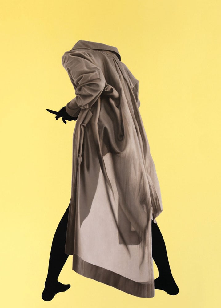 Pale yellow cover with back view of headless figure in thin, floor length beige coat and black silhouetted arms and legs