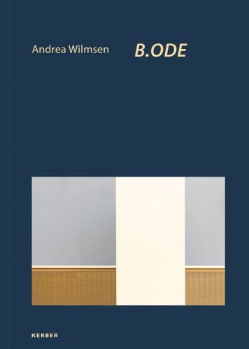 Dark blue cover with photo of interior grey walls with brown panels and white pillar off centre with Andrea Wilmsen in cream font above