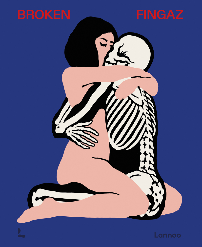 Nude female kneeling while embracing skeleton, on blue cover of 'Broken Fingaz', by Lannoo Publishers.
