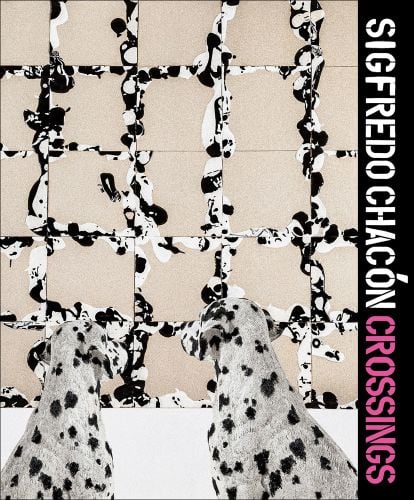 Painting of 2 Dalmatians staring at tiled cream wall, SIGFREDO CHACÓN CROSSINGS in white, and pink font on black border to right edge.