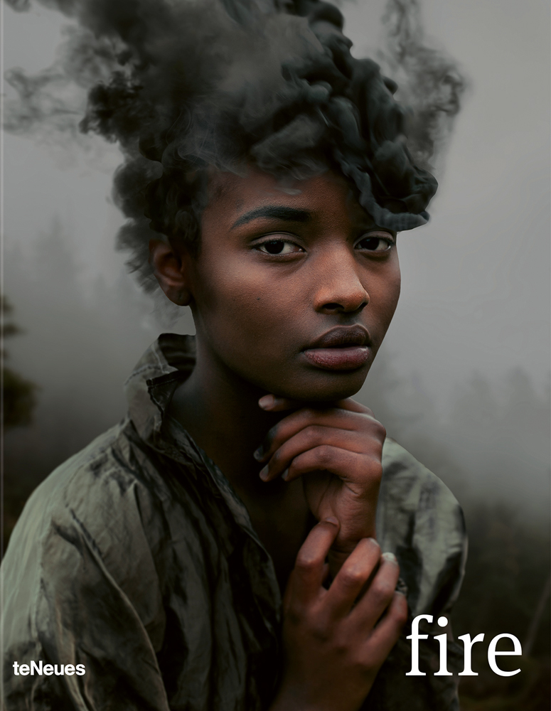 Head and shoulders photo of black girl surrounded by hazy landscape with black smoke circling her head, and Fire in white font below