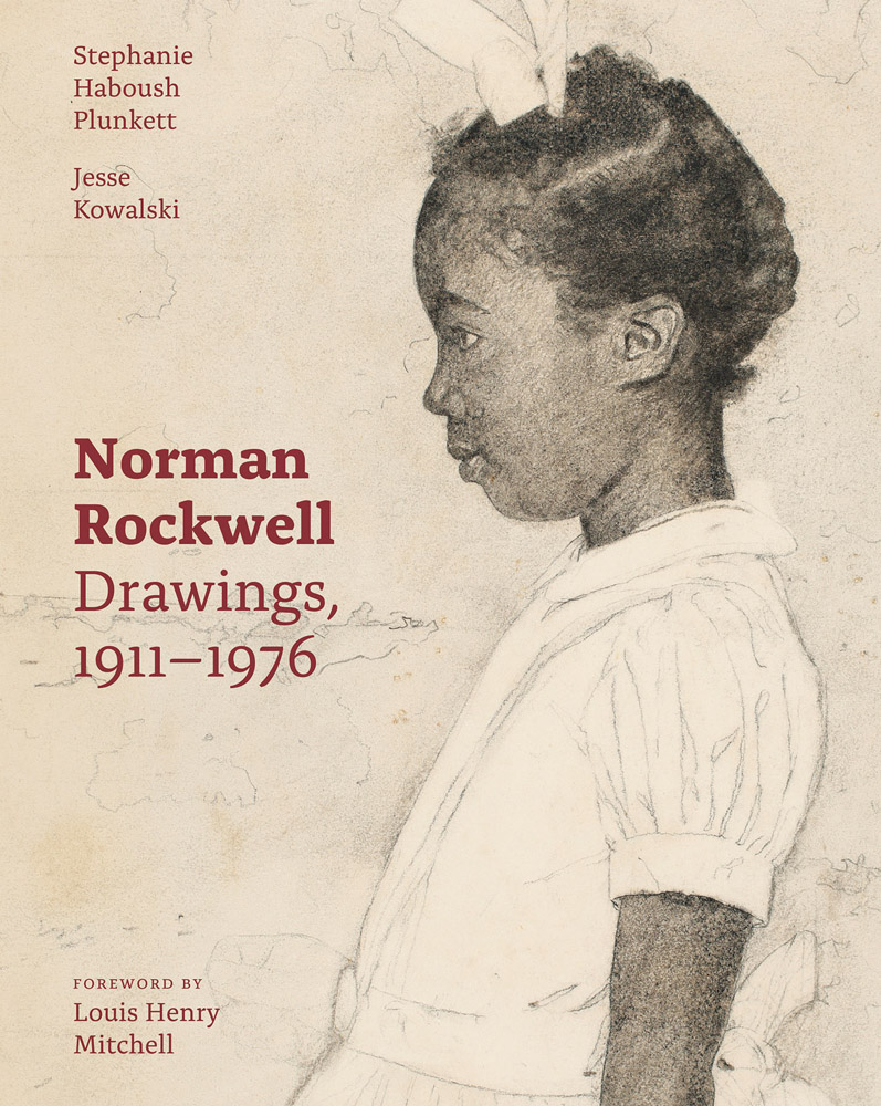Half length delicate profile sketch of young black child in white dress and bow in hair with Norman Rockwell: Drawings 1914-76 in black on left side