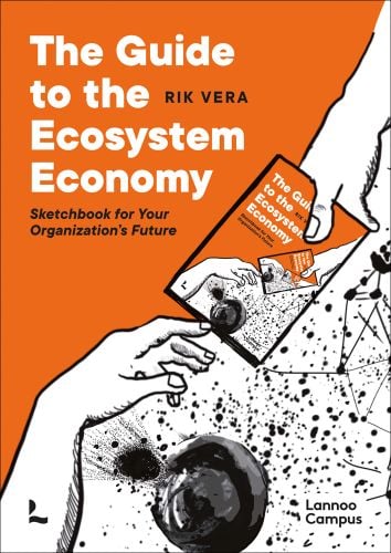 Orange cover with black and white illustration of hands opening pack of seeds with The Guide to the Ecosystem Economy in white font