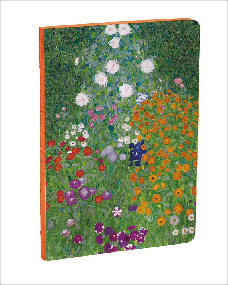 Gustav Klimt's Flower Garden painting covering notebook with orange edges, by teNeues stationery.