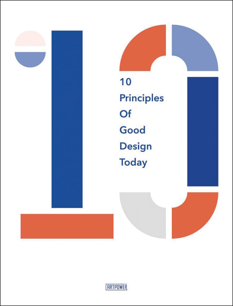 White cover with number '10' made from blue, beige and orange shapes with 10 Principles of Good Design Today in blue font