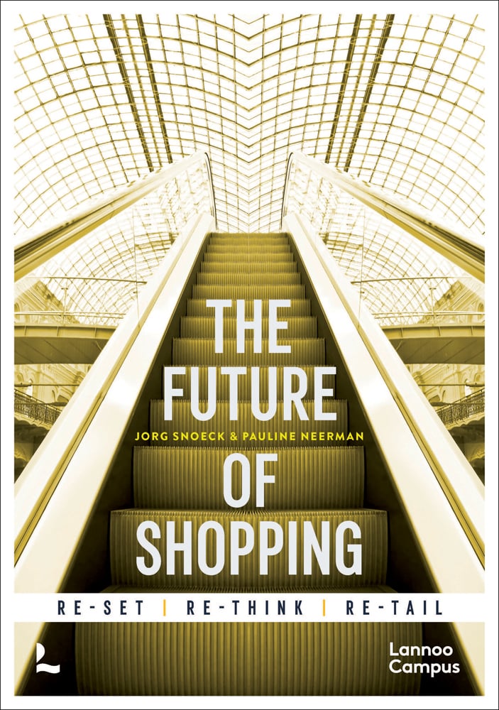 Low angled shot of shopping centre escalator, THE FUTURE OF SHOPPING in white font below, by Lannoo Publishers.