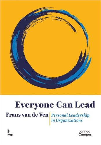 Blue dry brush painted circle, on orange cover of 'Everyone can Lead, Personal Leadership in Organizations', by Lannoo Publishers.