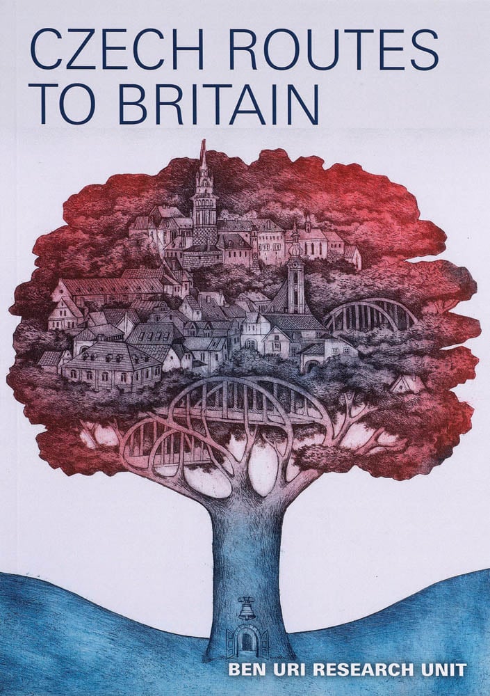 Cityscape in tree on off white cover with CZECH ROUTES TO BRITAIN in blue font above