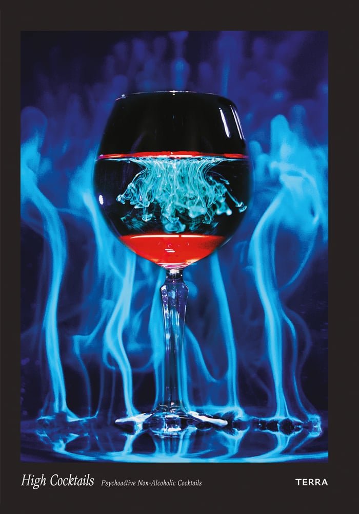 Stemmed cocktail glass containing red liquid, bright blue smoky background, on cover of 'High Cocktails, Psychoactive Non-Alcoholic Cocktails', by Lannoo Publishers.