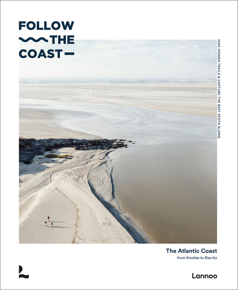 Vast sandy coastline landscape, 3 runners, on white cover, Follow the Coast in black font to top left