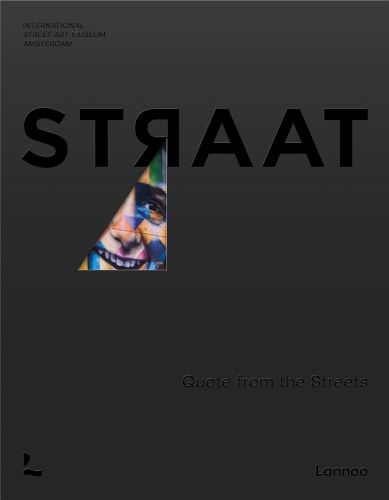 Charcoal cover with small triangular image of smiling face with multicoloured patterns and STRAAT in black font