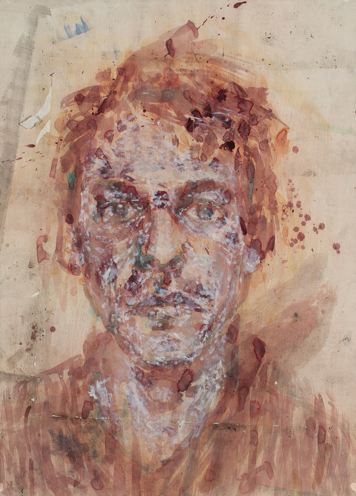 Vigorous self portrait painting in earthy brown tones by Aaron Willem