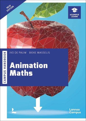 Digital graphic of red apple with green stalk leaf with white geometric grid on top and Animation Maths in white font on blue banner