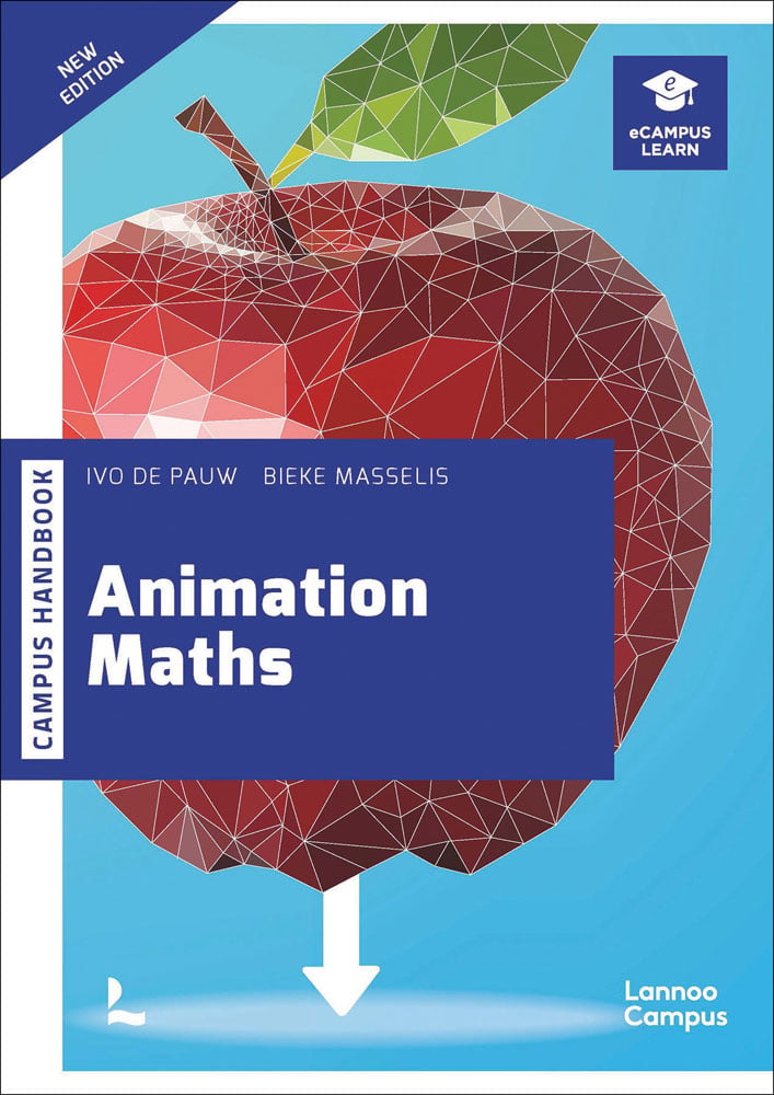 Digital graphic of red apple with green stalk leaf, on cover of 'Animation Maths', by Lannoo Publishers.