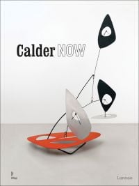 Orange silver and black art floor mobile with extending rods, in exhibition space, on cover of 'Calder Now', by Lannoo Publishers.
