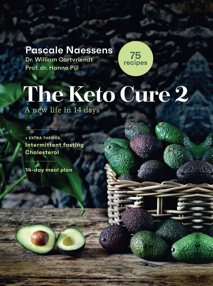 Wicker basket of green and brown avocados skinned, on wood table, The Keto Cure 2 in white font above centre.