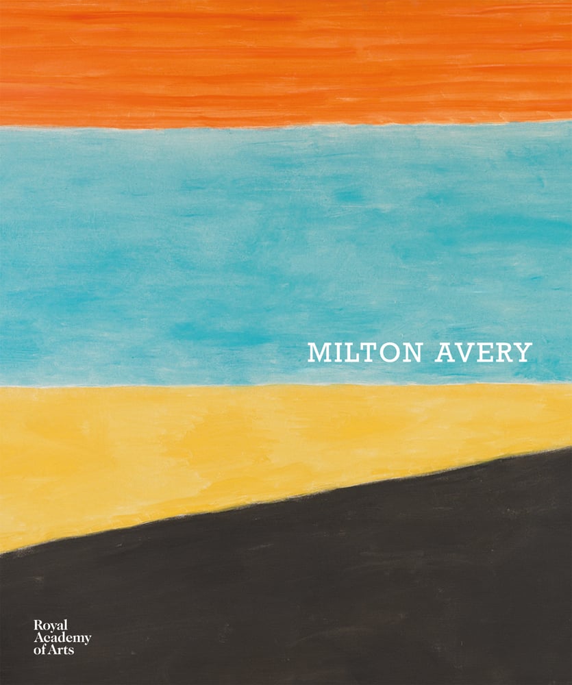 Painted horizontal sections of orange, light blue, with yellow and black in diagonal slant with Milton Avery in white font on blue section