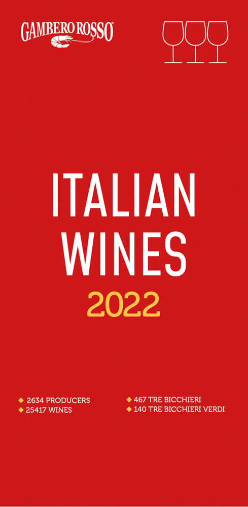 Red cover with white silhouette of 3 wine glasses to top right corner and Italian Wines 2022 in white and yellow font