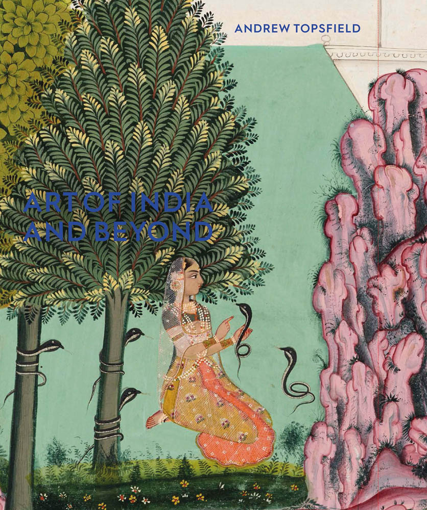 Delicate colour illustration of robed figure kneeling under large tree with 5 snakes and Art of India and Beyond in blue font in centre