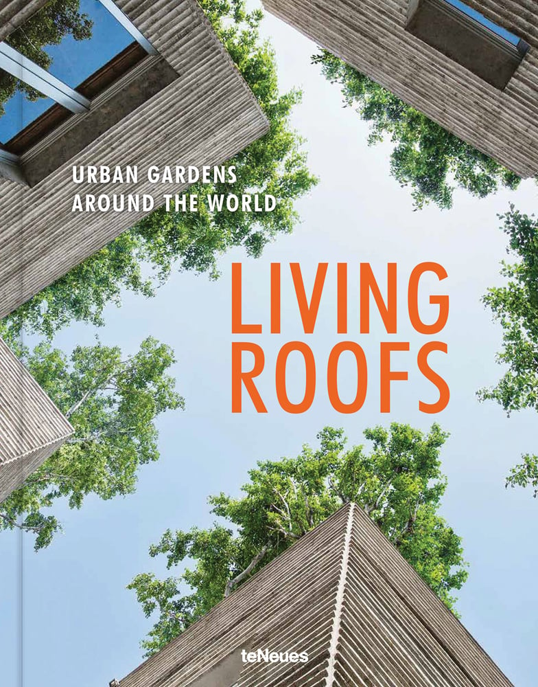 Ground perspective of 3 wood buildings with trees spurting out top, LIVING ROOFS in orange font near centre