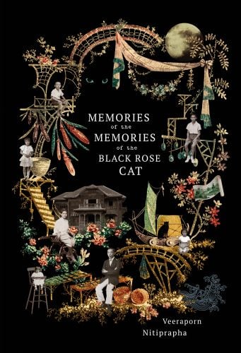 Collage featuring family members amongst tree blossoms, feathers, a house, on black cover, MEMORIES of the MEMORIES of the BLACK ROSE CAT in white font near centre.